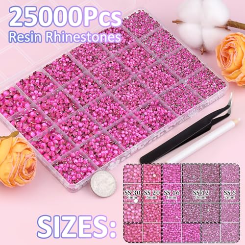 Image of 25000Pcs Resin Rhinestones with Tweezers for Crafting, Hot Pink 2-6mm Mixed Sizes Non Hotfix Flatback Gems, Bedazzling Crystal for DIY Craft Clothing Mugs Tumblers Shoes Fabric Decor Nail Art