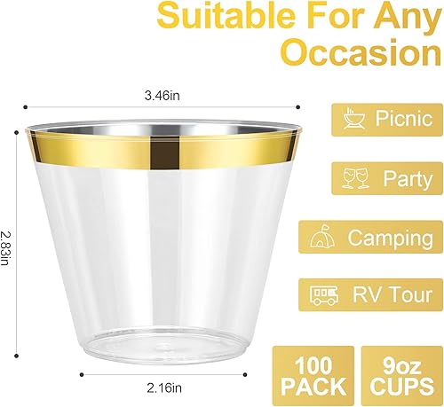 Miniatura 2 de Vasos de plástico para fiesta, paquete de 100 vasos de plástico dorados de 9 onzas, vasos desechables con borde dorado, vasos de plástico