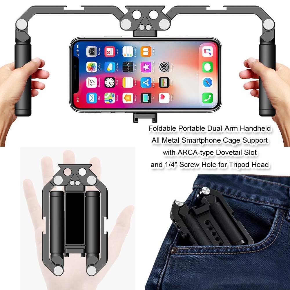 Supporto doppio stabilizzatore in metallo per smartphone, gabbia universale per fotografia per treppiede, morsetto e anello magnetico, supporto per 2 cellulari riprese video verticali e orizzontali