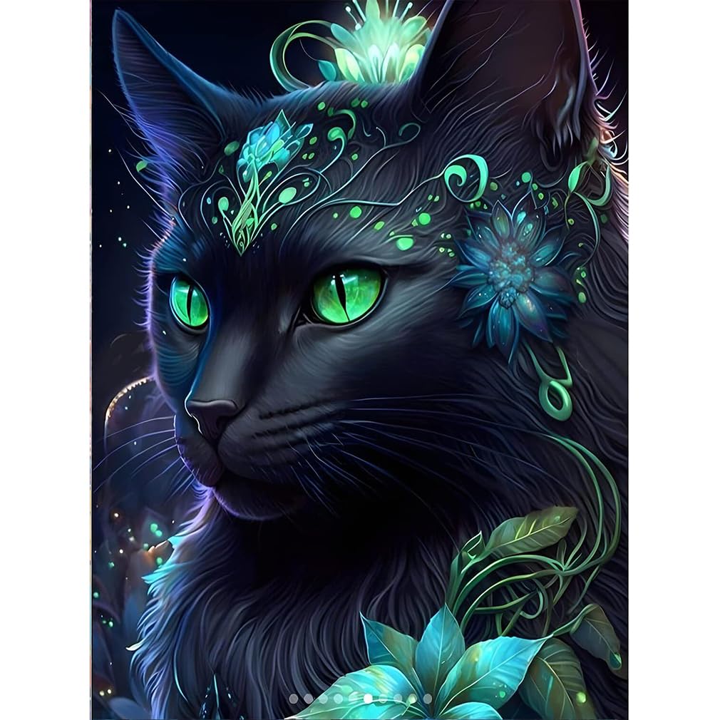 DIY Cat Diamond Painting Pictures for Adults Children,5D Black Cat Diamond Painting Set,DIY Rhinestone Pictures,Animal Diamond Art Kits,Round Stones Diamond Painting for Home Decor 30x40cm