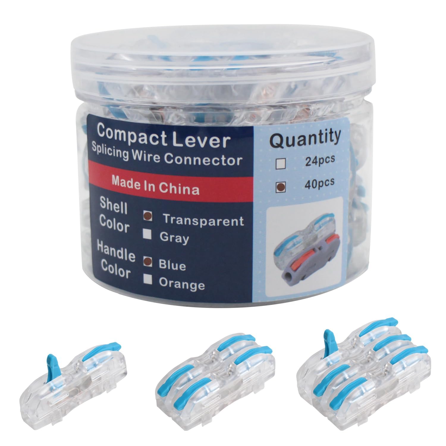 YQSIYU 1 in 1 Out Lever Nuts Compact Splicing Wire Connectors,40 Pcs in Buckets of Quick Connect Electrical Splicing Connectors Blue Handle and Transparent White Shell Lever Nuts