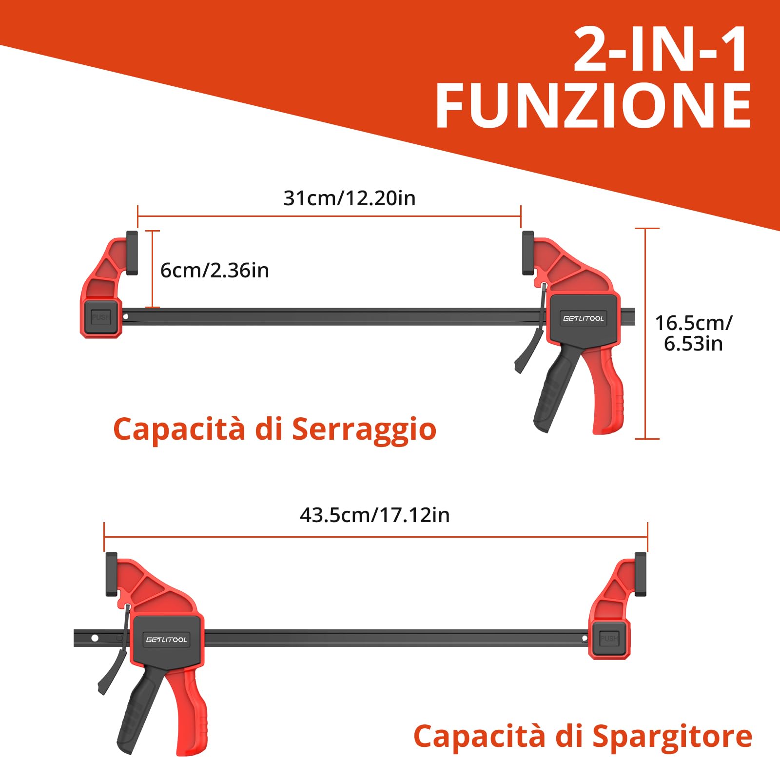 GETLITOOL Paio 12-Inch Morsetti a Barra da Falegname con Serraggio 165LBS/75kg 31cm, 2 in 1 2X12" F-Bar/Spargitore a Sgancio Rapido per Lavorazione Legno con Binario in Acciaio al Carbonio