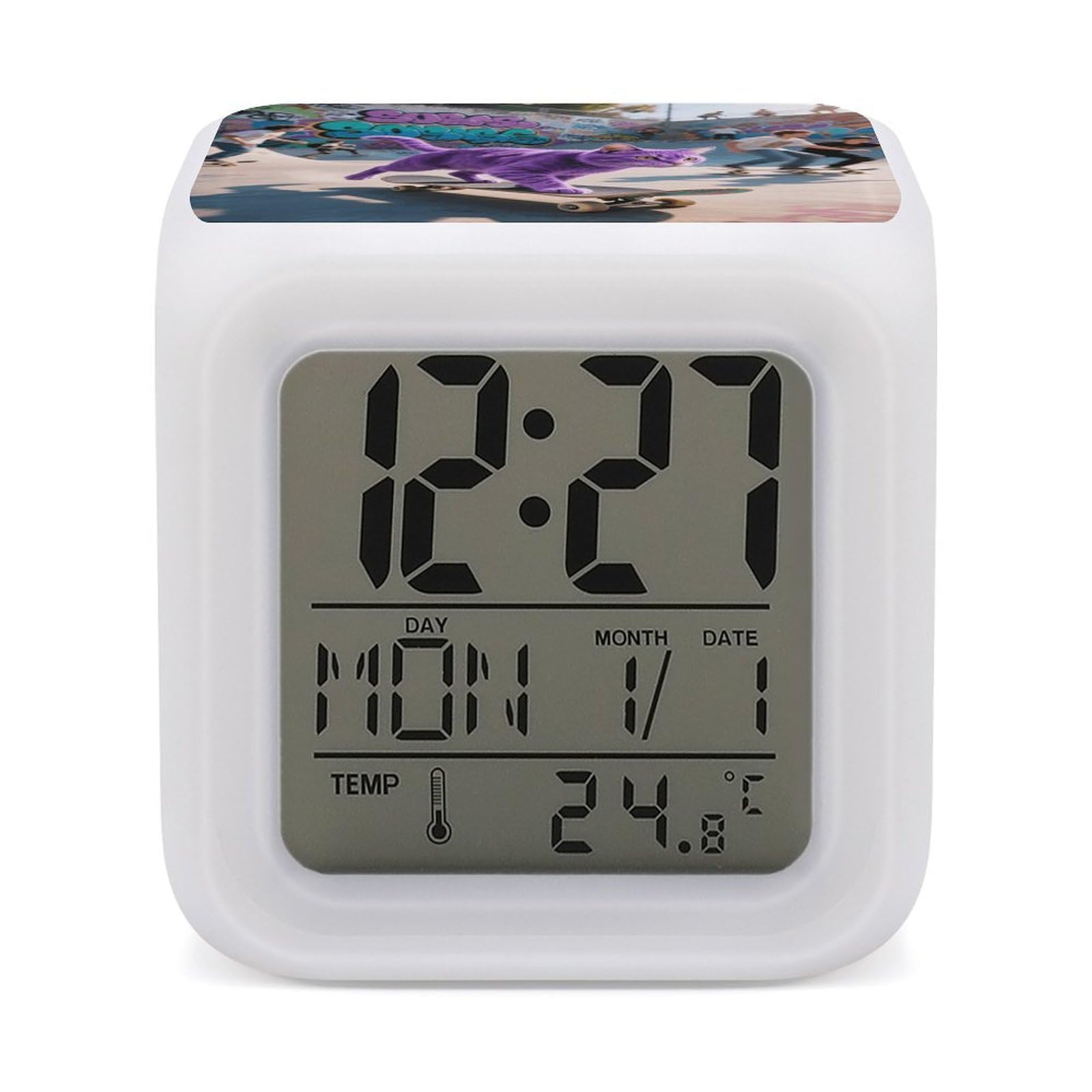 Reloj de escritorio LED Skate Cat con 7 colores para dormitorios oscuros