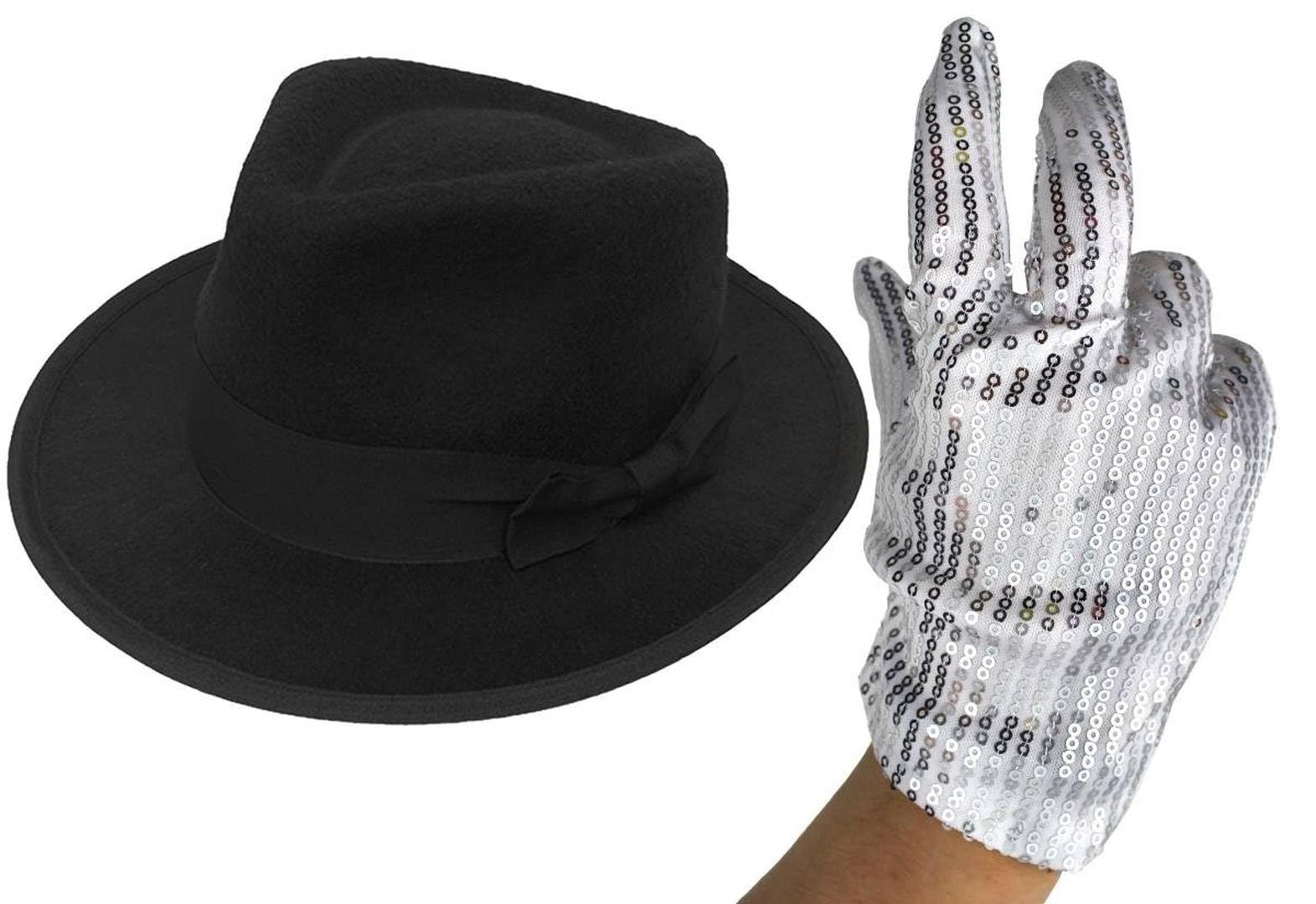2 Piece Jacko Pop Star Costume Accessories Set Black Fedora Hat Silver Sequin Glove 58cm Head Size Fancy Dress King of Pop Party Movie Outfit for Adults