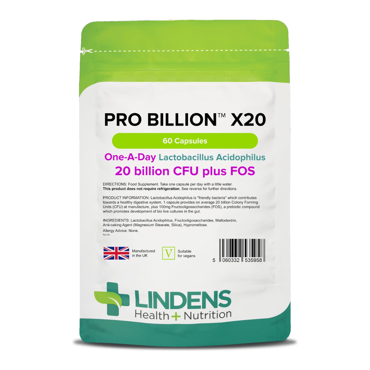 Pro Billion X20, 60 Capsules - 20 Billion CFU Plus FOS - 1 a Day, UK Made - High Potency Lactobacillus Acidophilus, Healthy Digestion - Letterbox Friendly, Vegan