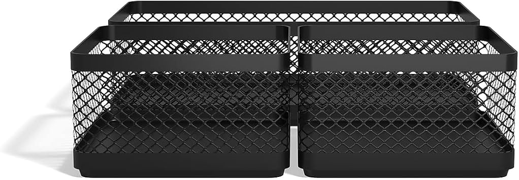TRU RED Stackable Wire Mesh Desk Organizer, 3Compartment, Matte Black, 2Pack Desktop Storage for Office Supplies