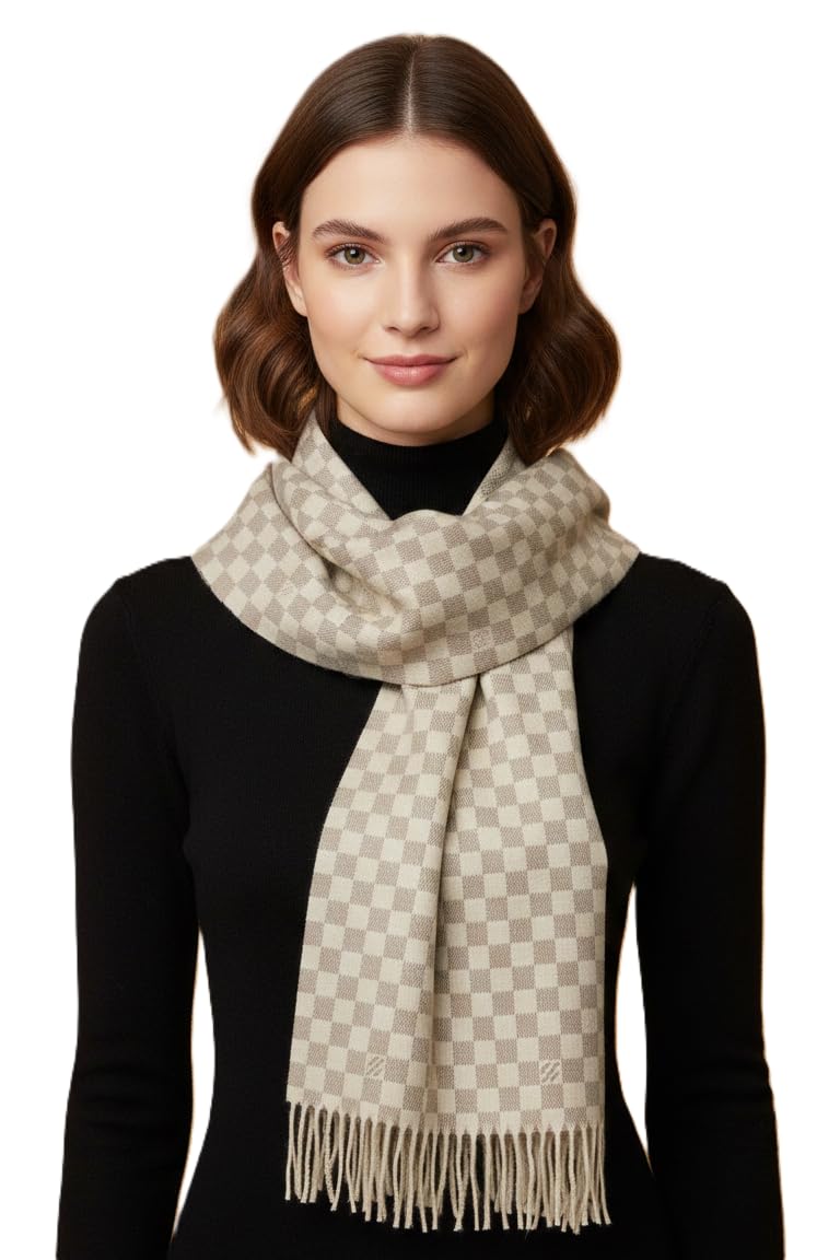 Women's Winter Shawl, Checkered Pattern, Beige and Cream, Fringed Ends-image-39