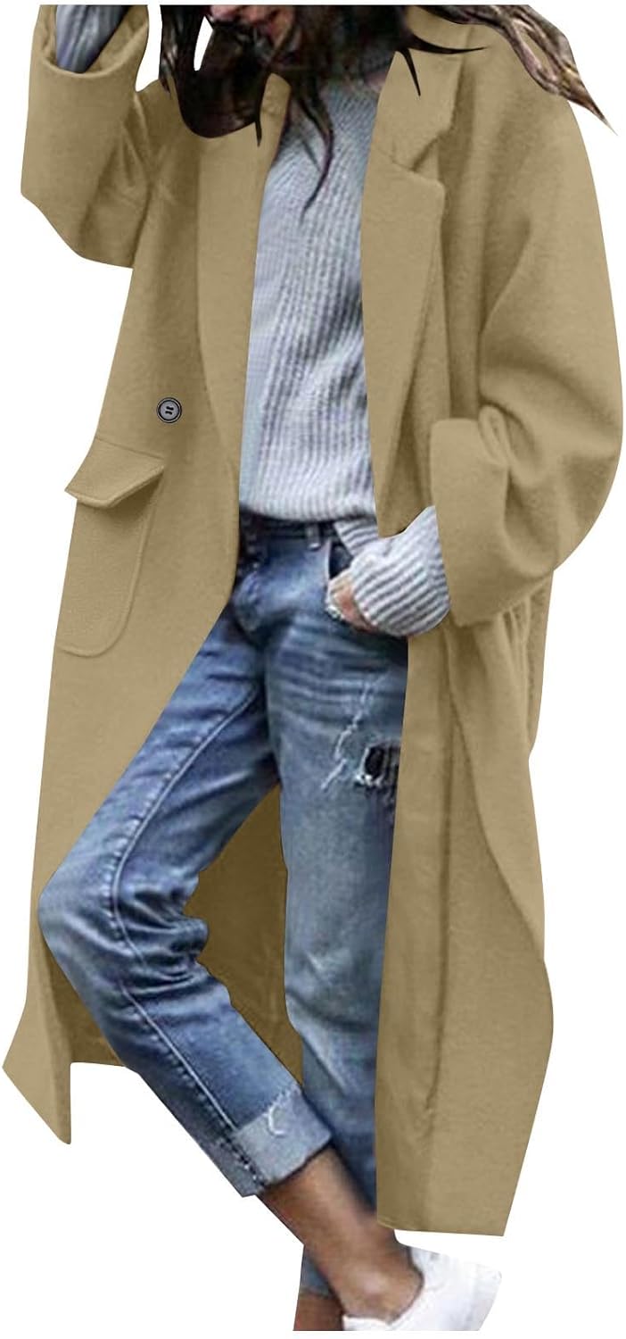 Oversized Pea Coat for Women Drop Shoulder Notch Lapel Wool Jacket With Pockets Thermal Fall Winter Trendy Trench Coat