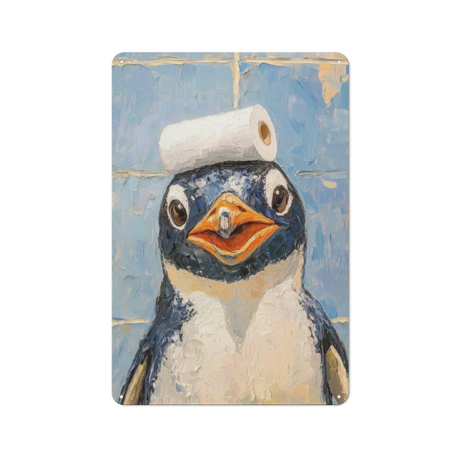 Junmoney Penguin With Toilet Paper For Guest Room Or Hallway, Retro-Style Tin Sign 30X20cm, For Vintage Wall Decor Fans, For Themed Room Decoration