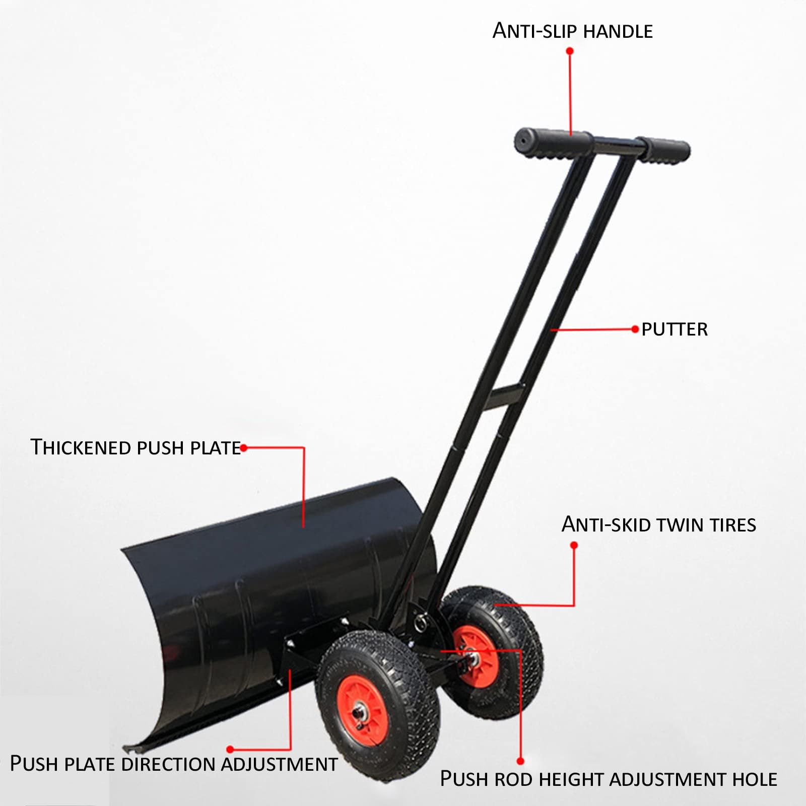 Ręczna pług do śniegu na dwóch wysięgnikach, metalowa łopata do śniegu o szerokości 42 cm z kółkami, regulowany kąt i wysokość, odgarniacz śniegu do odśnieżania podjazdu lub chodnika, S black