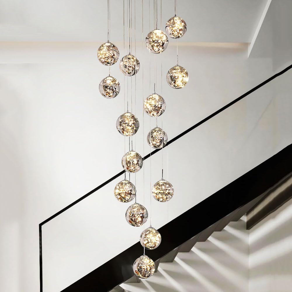 PCXEHUYP Staircase Glass Globe Pendant Light Gold Large Chandeliers For High Ceilings, Entryway Fixture Villas And Stairs