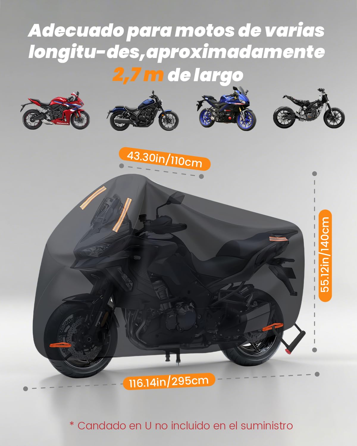 Funda para Moto 4XL, 420D Impermeable Motocicleta Exteriores con Orificio para Cadena Antirrobo, Protección contra Polvo, Lluvia, Nieve y Rayos UV (295 × 110 × 140 cm)