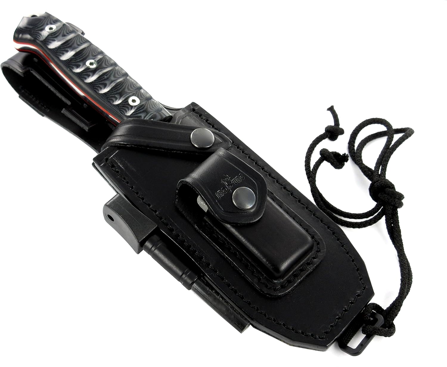 JEO-TEC Nº1 Cuchillo supervivencia caza monte bushcraft camping outdoor campo - Funda de piel con pedernal y piedra de afilar incluidos - Acero BÖHLER N690C - Fabricado en España