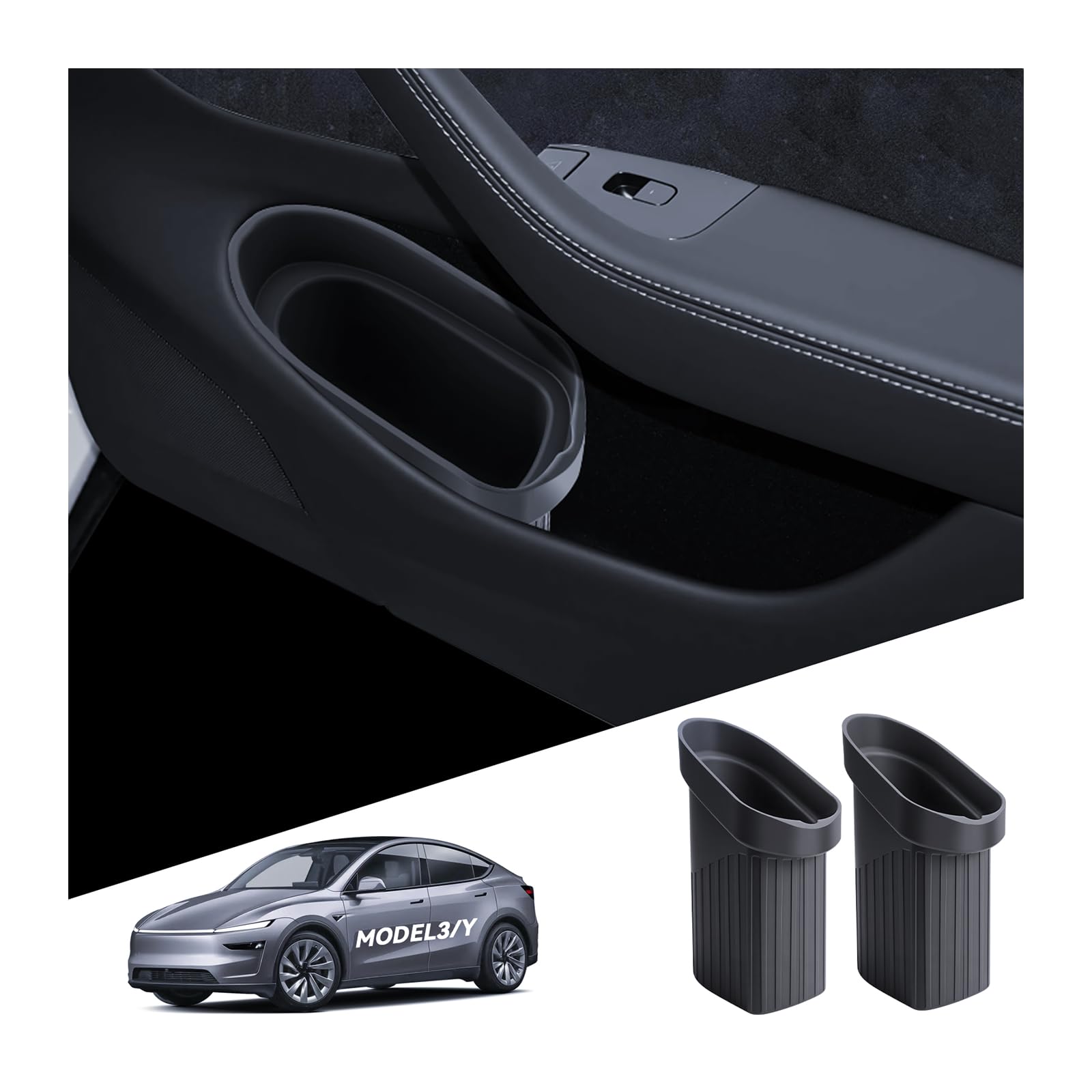 Lot de 2 poubelles de porte de voiture pour Tesla Model 3/Y - Poubelle intérieure - Poche latérale - Boîte de rangement à fente - Silicone souple - Tesla Model 3/Y 2016-2026 Highland Juniper