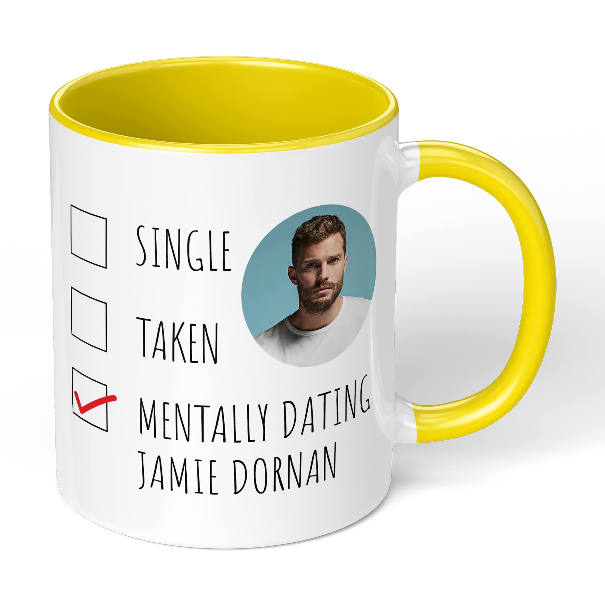 Print Maniacs Mug Gift Christmas Birthday Novelty Celebrity Movies Coffee Tea Present Gift Mentally Dating Jamie Dornan (Yellow Fill)
