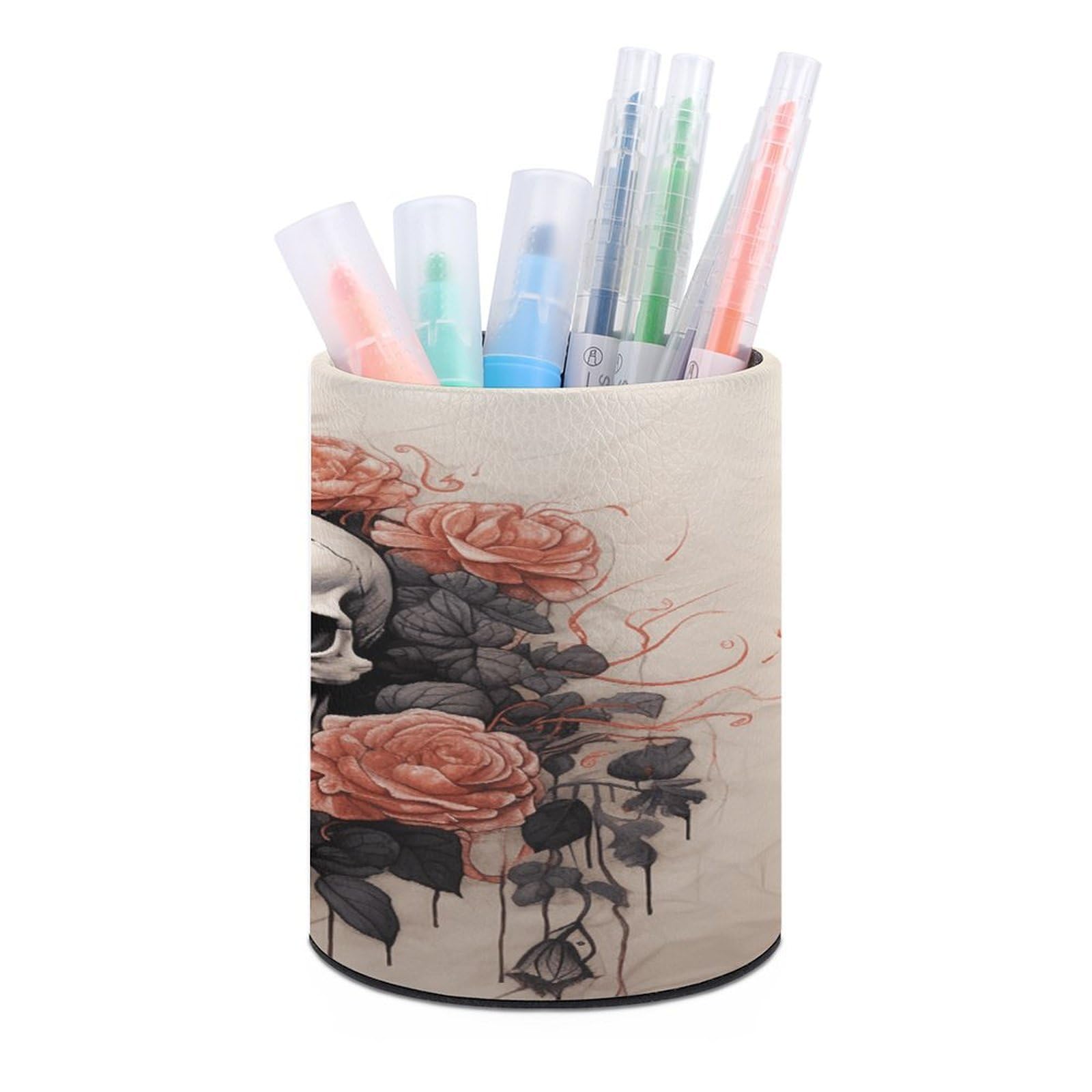 VstaDank Ancient Skull And Flowers Pen Holder PU Leather Pencil Cup Minimalist Desk Pencil Holder Round Make Up Brush Organizers For Office Dorm Room&Vanity Desk Accessories