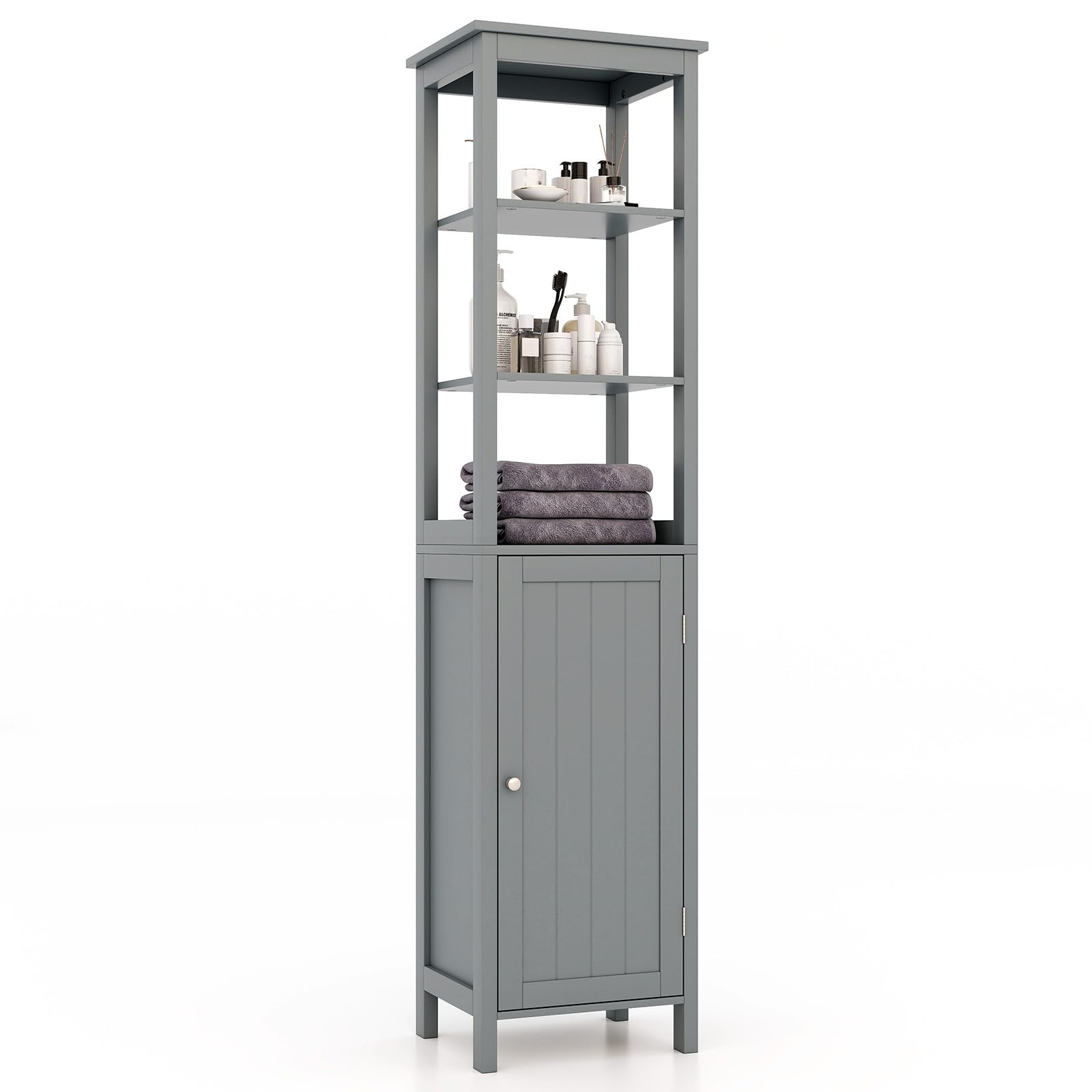 COSTWAY Bathroom Tall Cabinet, Freestanding Storage Cupboard with Open/Adjustable Shelves and Door, Wooden Tall Narrow Slim Bathroom Floor Cabinet Unit for Living Room Hallway, 40 x 32 x 161cm (Grey) — image 1