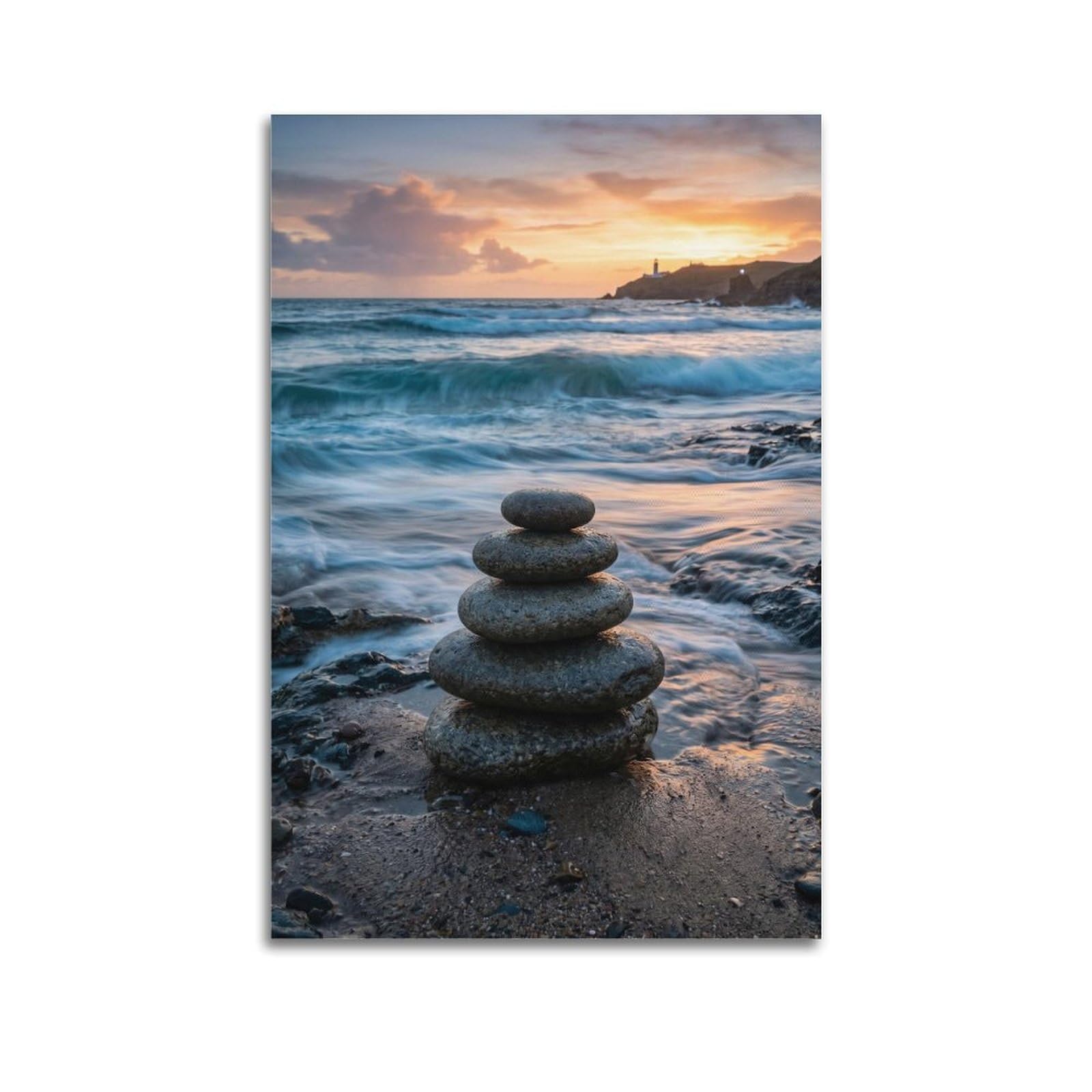 XKUGA Serenity Poster Tidal Pebble Cairn Beach Balance Meditation Calm Modern Decorative Canvas Prints - Ideal Wall Art for Family, Man Cave, Game Room, Boys & Girls Bedroom 24x36inch(60x90cm)