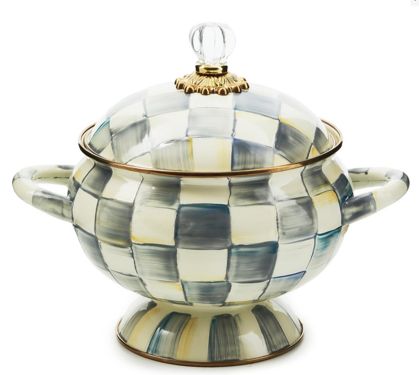 MacKenzie-Childs Sterling Check Enamel Tureen, Hand-Painted, Gold Accents