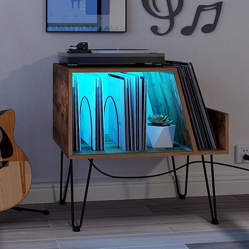 Tohomeor Soporte para reproductor de discos de vinilo con estación de carga de luz LED, puerto USB, soporte para tocadiscos LPs, gabinete de