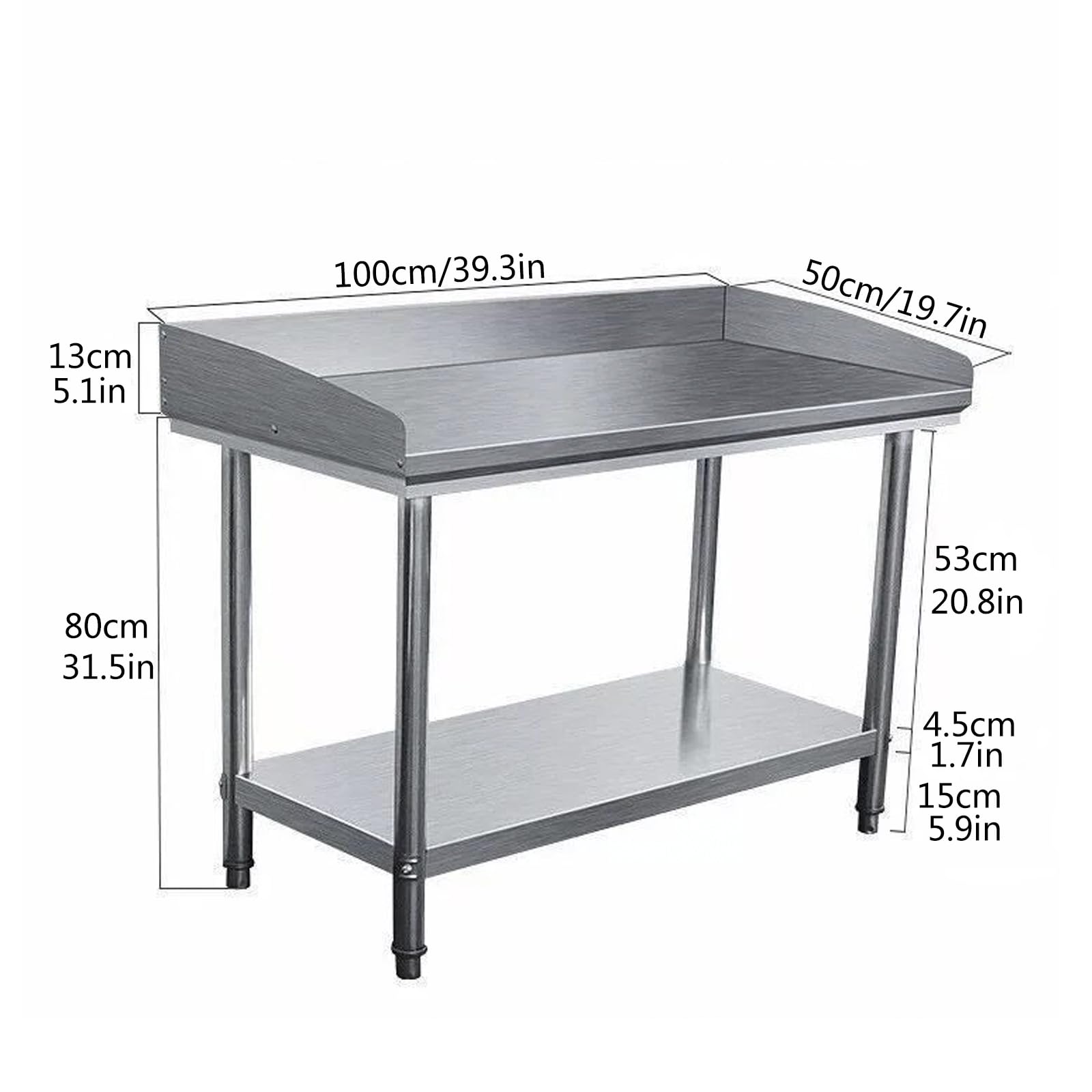 Tavolo da Lavoro in Acciaio Inox A 2 Ripiani,Tavolo di Preparazione Alimenti per Cucina con Alzatina,Tavolo da Ristorazione per Ristorante,Hotel, Garage,Magazzino,100x50CM/39.3x19.7IN