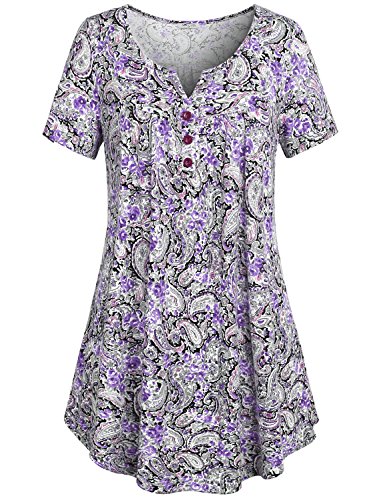 Petite Tops,SeSe Code Women's Crewneck Button-up Ruched Short Sleeve Tunic Shirt Dress X Large Purple V Neck Vintage Blusas Notch Neck Blouse