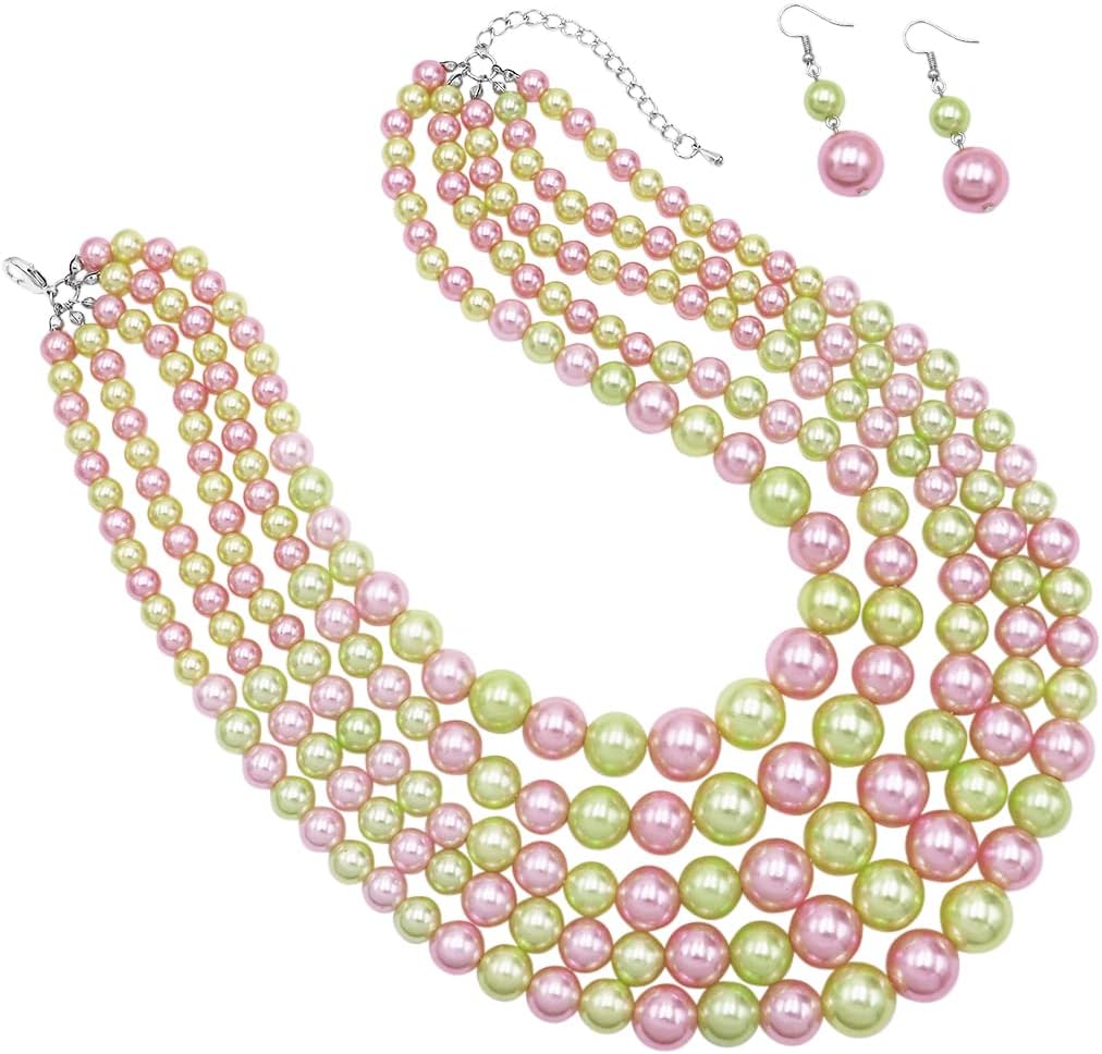 Rosemarie & Jubalee Women's 5 Colorful Multi Strands Simulated Pearl Bib Necklace And Earrings Jewelry Set, 16"+3" Extender