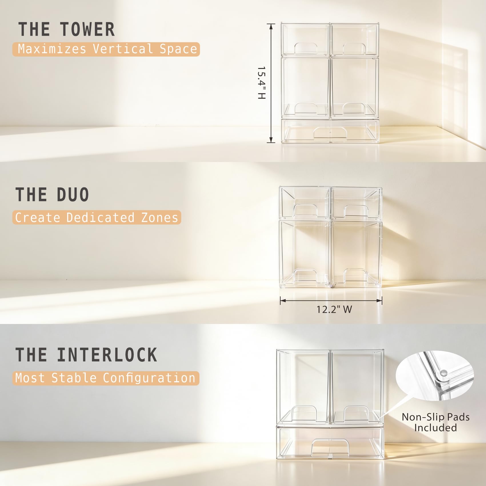 Schubladen-Organizer-Set aus Acryl, stapelbare Arbeitsplatte und Schrank, Aufbewahrung für Babyflaschen, Waschtisch und Speisekammer (5-teiliges Komplettset (2 S + 2 M + 1 L))