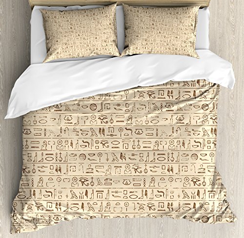 Ambesonne Egyptian Print Duvet Cover Set, Old Dated Hieroglyphics Language Hand Written Style Borders Worn Look, Decorative 3 Piece Bedding Set with 2 Pillow Shams, Queen Size, Brown Tan