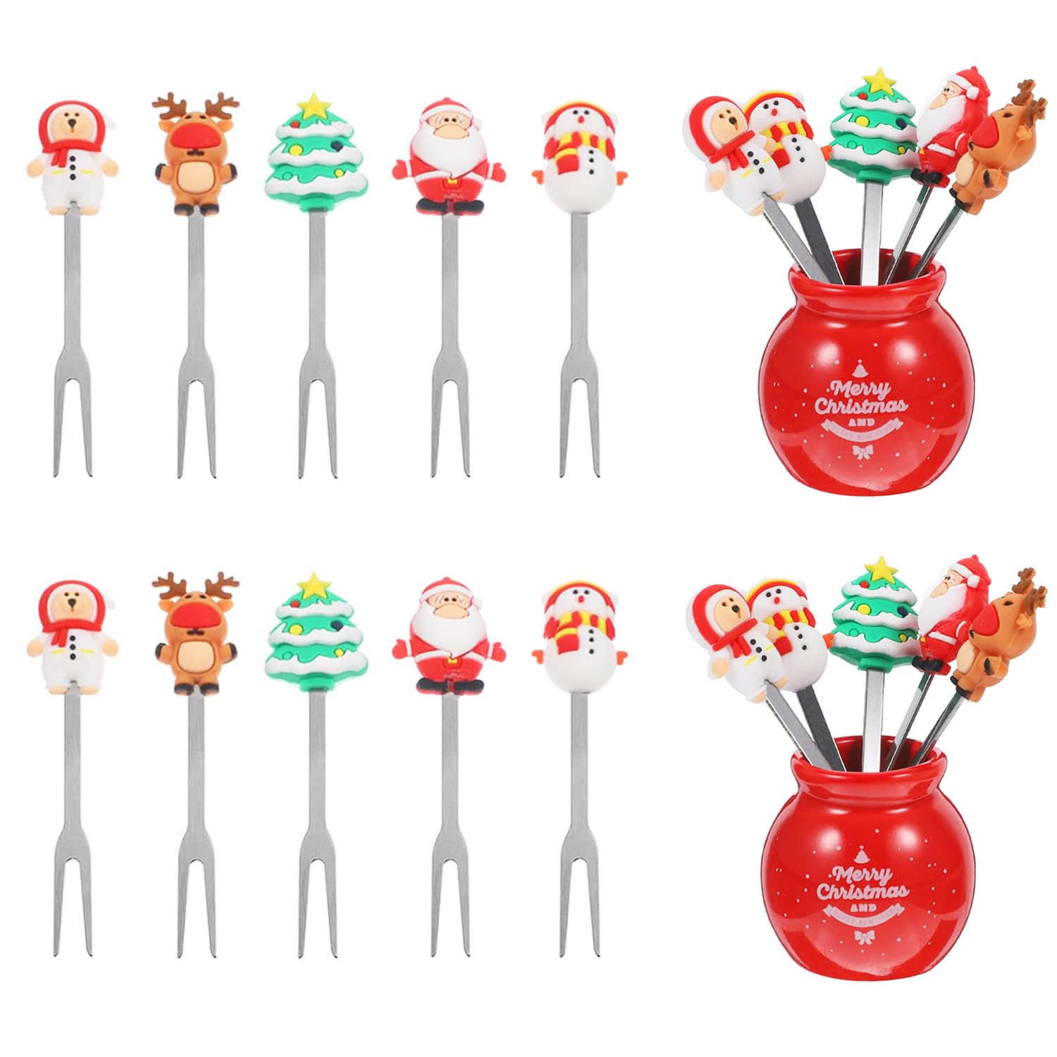 5 Pcs Christmas Fruit Fork with Ceramic Jar Holder Mini Stainless Steel Salad Fork Cartoon Santa Claus Xmas Tree Fruit Picks Cake Dessert Food Picks — Amazon image 7