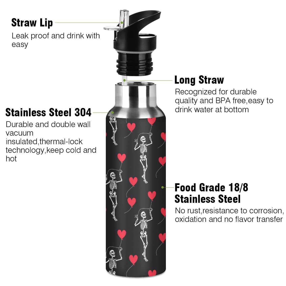 Edelstahl Wasserflasche mit Strohhalm, romantischer Totenkopf Gothic Isolierte Trinkflasche Sport Wasserflasche für Kinder Erwachsene, auslaufsicher, 1L