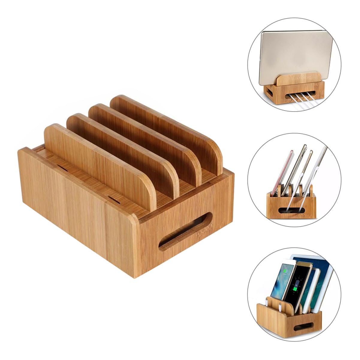 Hemobllo Supporto Per Caricabatterie Usb in Legno Per Dispositivi, Organizzatore Da Tavolo Con Scomparti Per Smartphone e Tablet, Stazione Di Ricarica Ordinata Per Scrivania Pulita