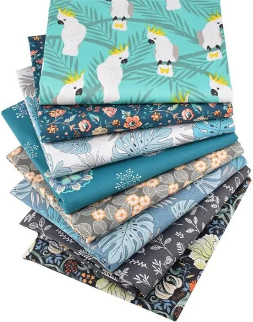 Craftsfabrics Green 8Pcs 40X50cm Tropical Palm Leaf Toucan Parrots Floral 100% Cotton Fat Quarters Fabric Bundle For Quilting, Crafts, Diy Projects