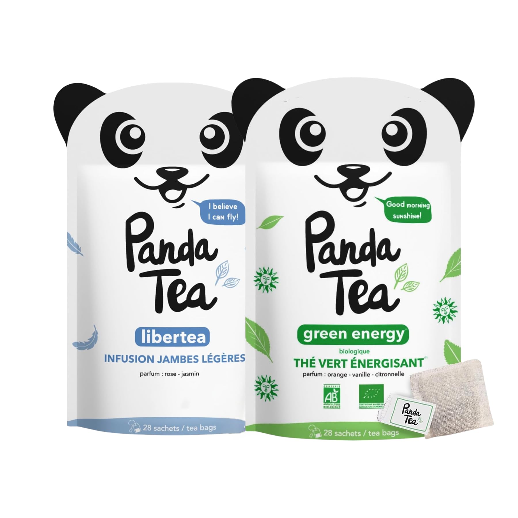 Panda Tea – Duo Green Energy & Libertea – Thé Vert Bio Énergie & Tisane Drainante – 2x28 Sachets Coton – Boost Énergie, Minceur & Rétention d’Eau, Jambes Lourdes – Mate, Hibiscus & Plantes Bio
