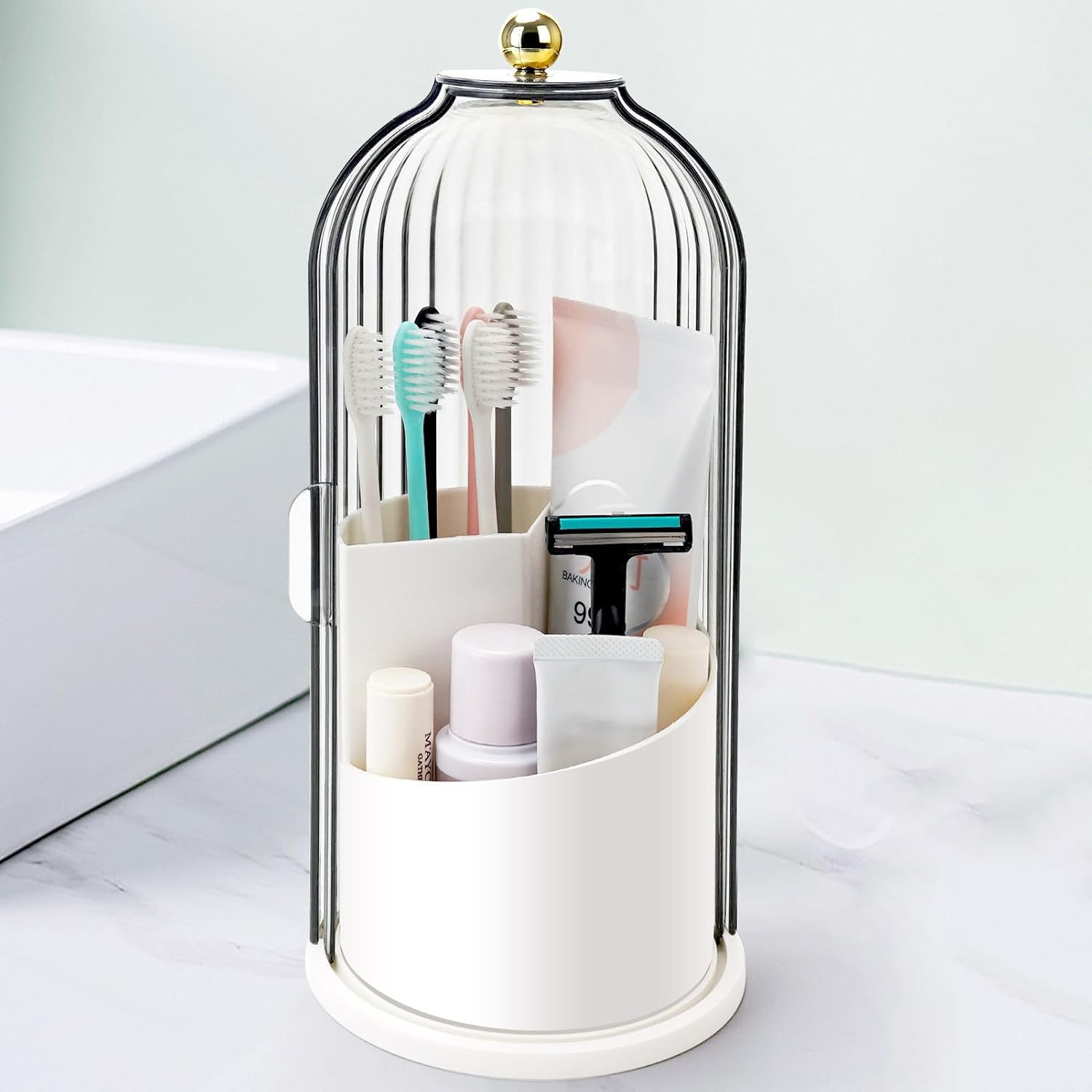 QIYVLOS Rotating 3-Slot Toothbrush Holder with Sliding Dustproof Lid
