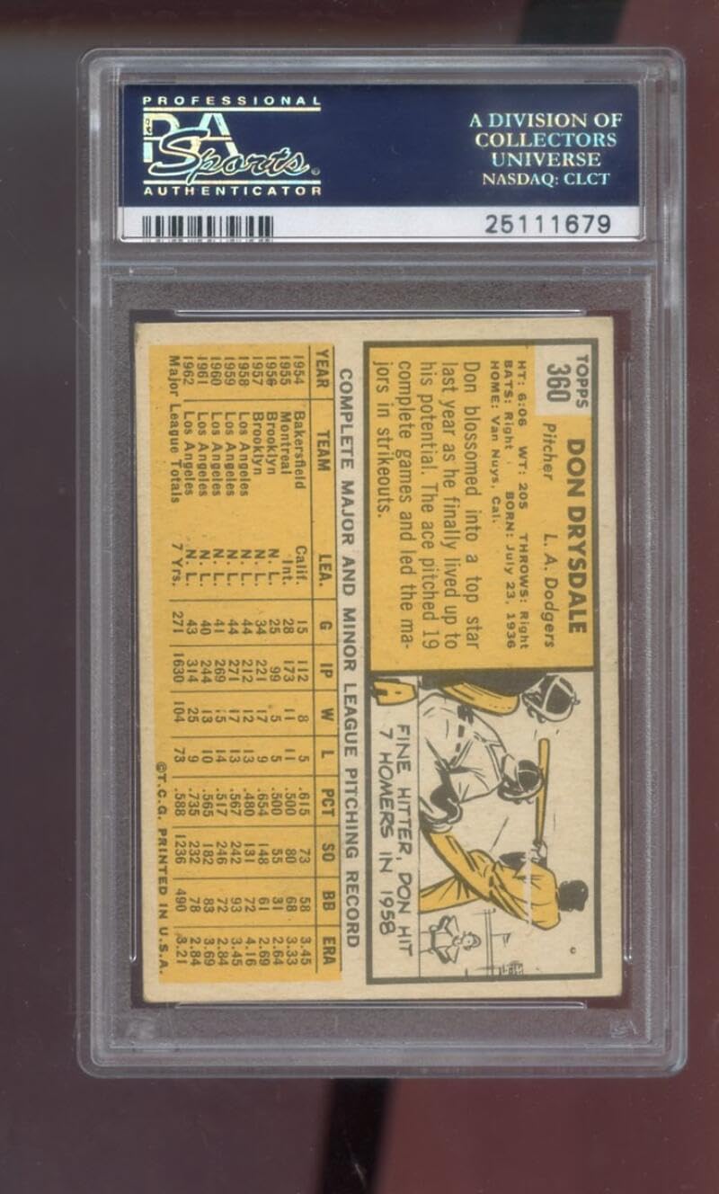 1963 Topps #360 Don Drysdale PSA 4 Graded Baseball Card MLB Los Angeles Dodgers - Slabbed Baseball Cards