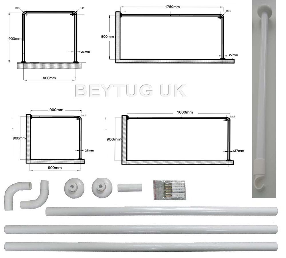 White Shower Curtain Rail/Rod, 4 way use,L Shape,U shape, Long L-Shape, Supplied with Ceiling Mount/Bracket