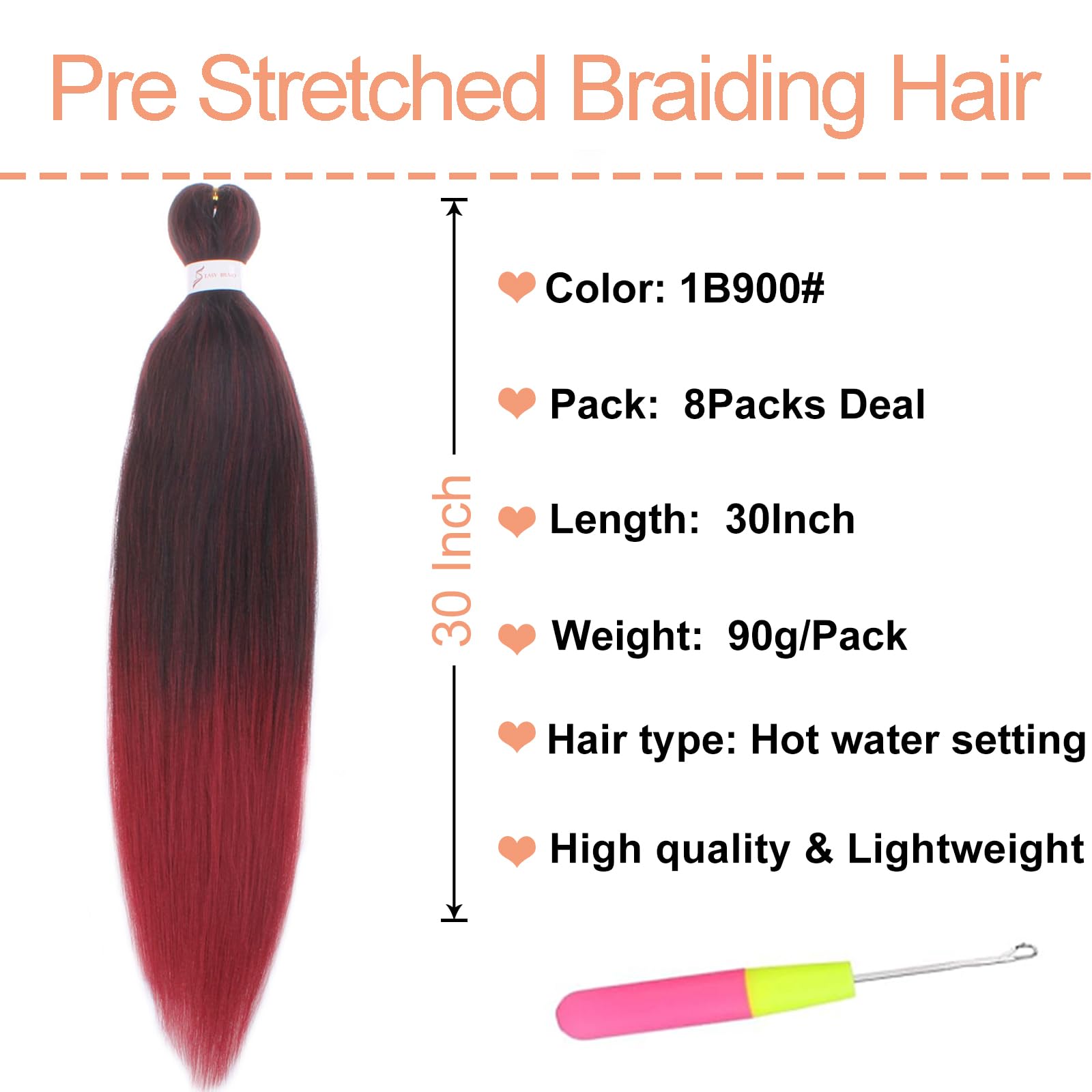 Mscat 30 Inch 8 Packs Pre Stretched Braiding Hair Ombre Bungundy Pre Stretched Braiding Professional Synthetic Prestretched Crochet Braids Hair Extension Hot Water Setting Yaki Texture (1B900#) - Image 2