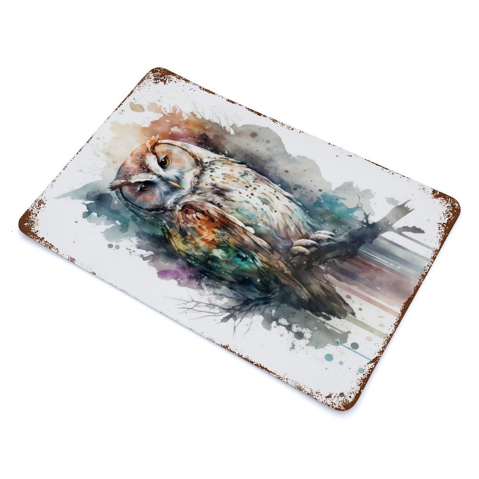Garage Style Bird Owl Watercolor Vintage Rust Metal Sign 11.8"x7.9", Retro Wall Decor for Bar And Workshop