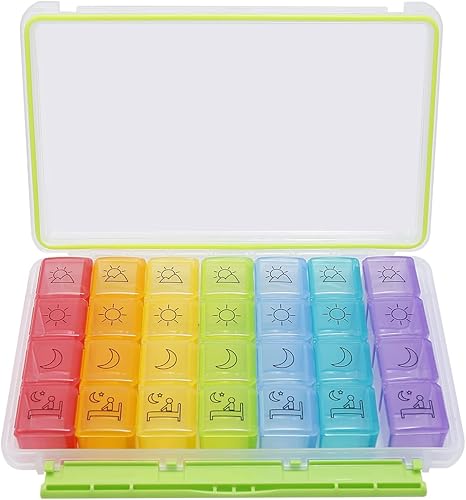 Organizador semanal de píldoras, 4 veces al día, 7 días, organizador de medicamentos colorido para píldoras, vitaminas, aceite de pescado,