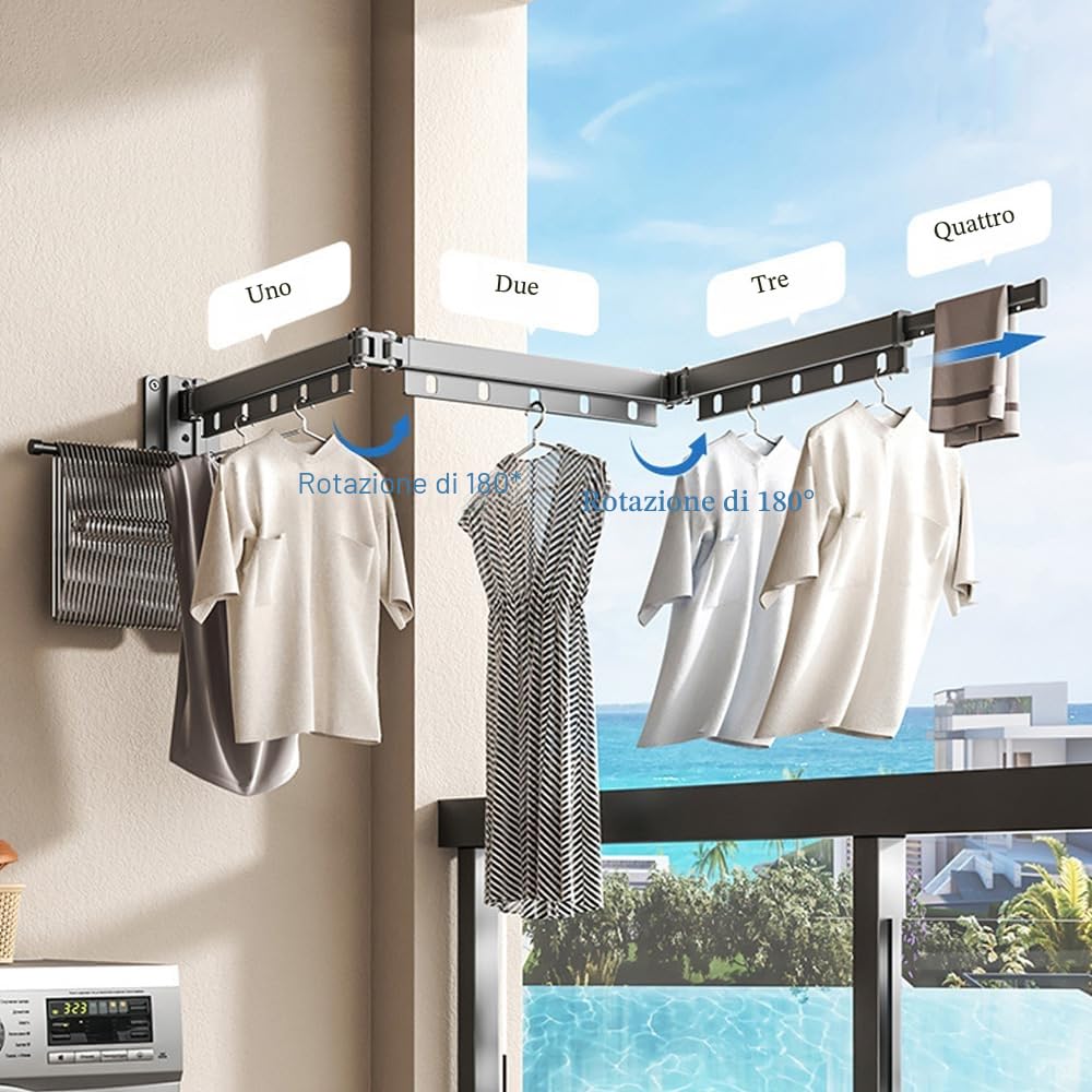 Hggzeg Stendibiancheria da parete, retrattile, con ganci, girevole a 360°, pieghevole in tre parti, per balcone, lavanderia, bagno (grigio)