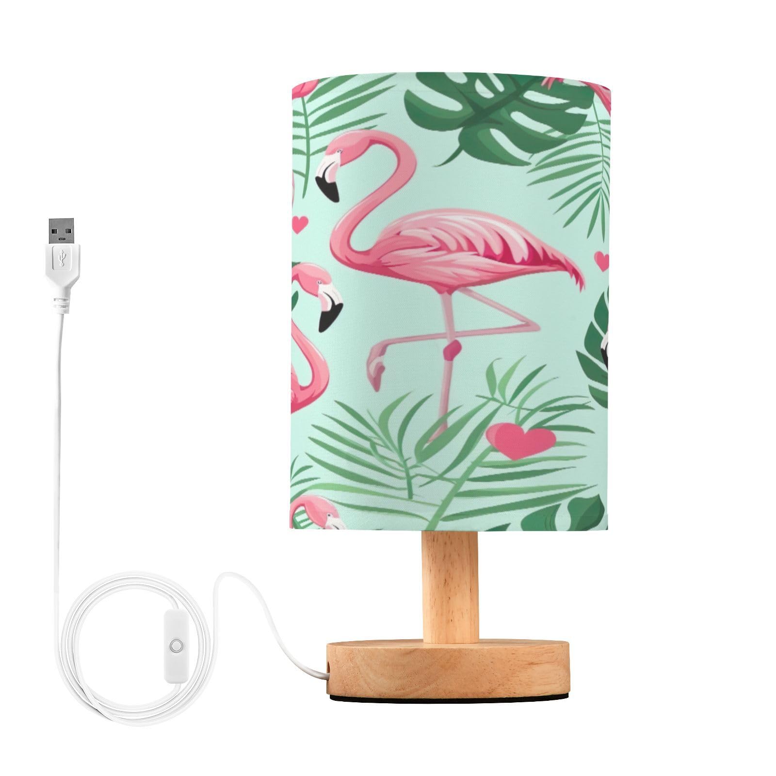 SDMKA Pink Flamingo Pattern Bedside Table Lamp for Bedroom, Minimalist Nightstand Lamp with Round Fabric Shade for Living Room, Office, No Bulb Required
