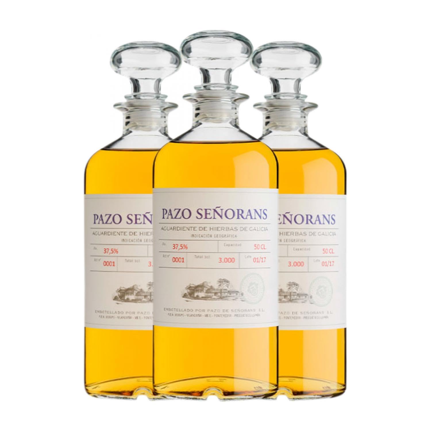 Licor de hierbas Pazo de Señorans Aguardiente de Hierbas Orujo de Galicia Botella Medium 50 cl (Caja de 3 Botella Medium de 50 cl)