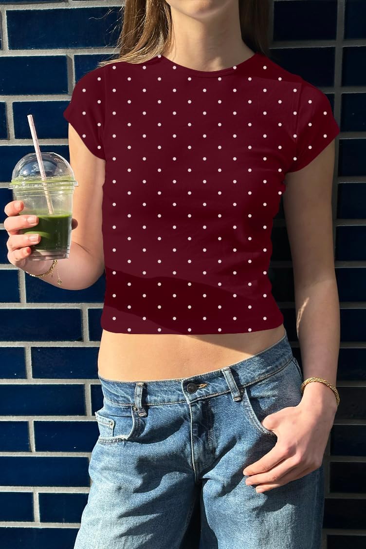 Women Vintage Cute Polka Dot Graphic Short Sleeve Crop Tshirts Tops Y2k Girl Aesthetic Fitted Crewneck Baby Tees - Image 3