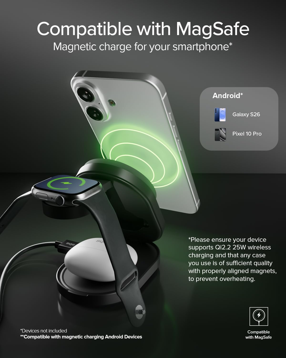SBS Qi2 25W Power Dock 3w1 MFI MagSafe, Bezprzewodowa Ładowarka do iPhone, AirPods, Apple Watch, Szybkie Ładowanie 35W (25W+5W+5W), Magnetyczna Ładowarka, Zasilanie USB-C, Certyfikowany MFI, Czarny