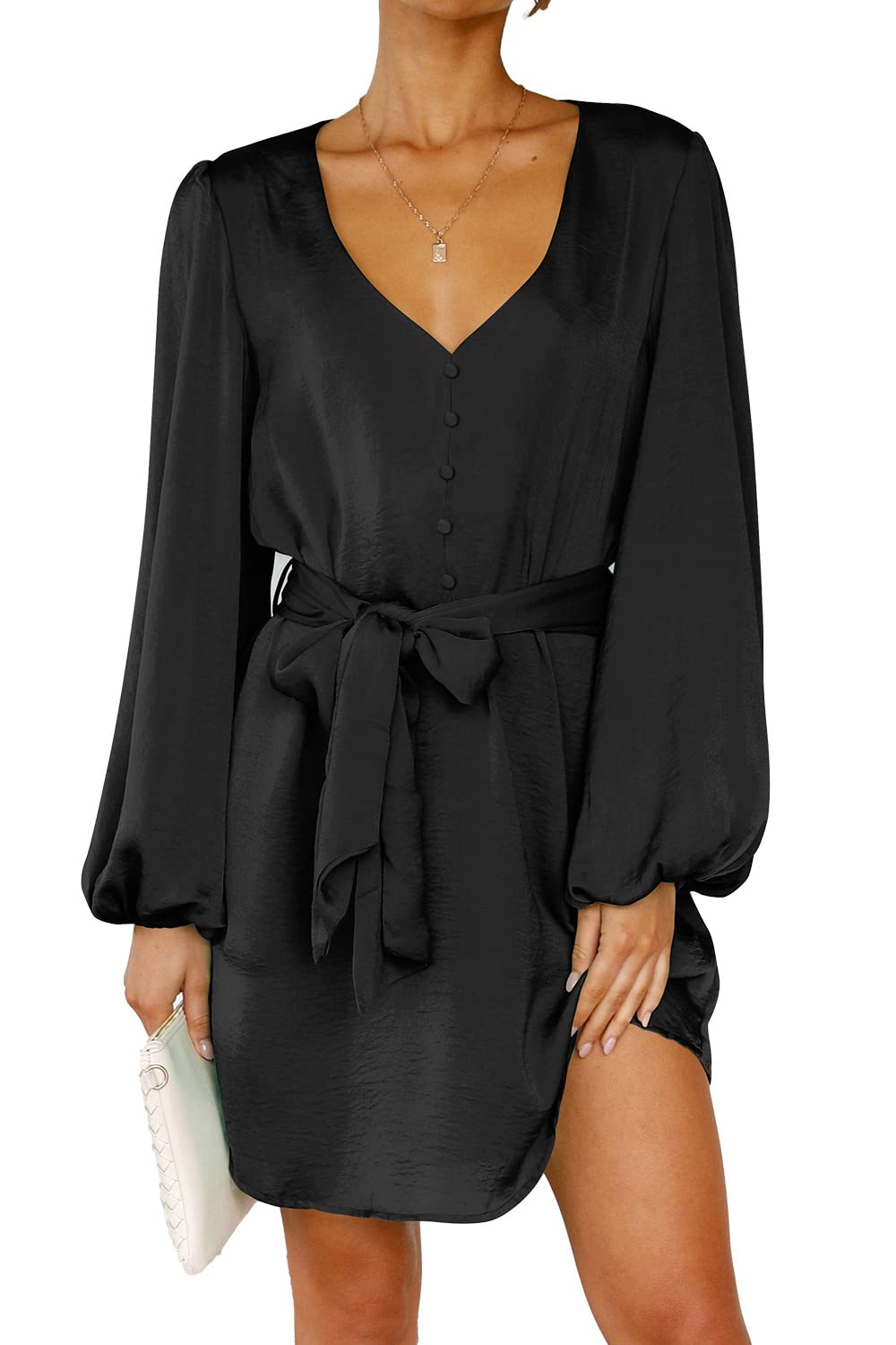 Women's Spring Long Puff Sleeve Satin Dress V Neck Cocktail Party Belted Short Dresses