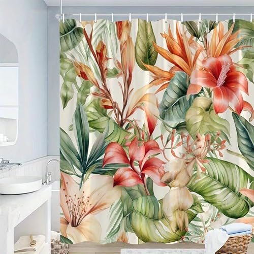 Glwdmb E-19 1 Piece 150X180cm Tropical Floral Printed Shower Curtain With Hook, Polyester, For Windows And Walls, Bathtub, Bathroom, Machine Washable, All Season Universal