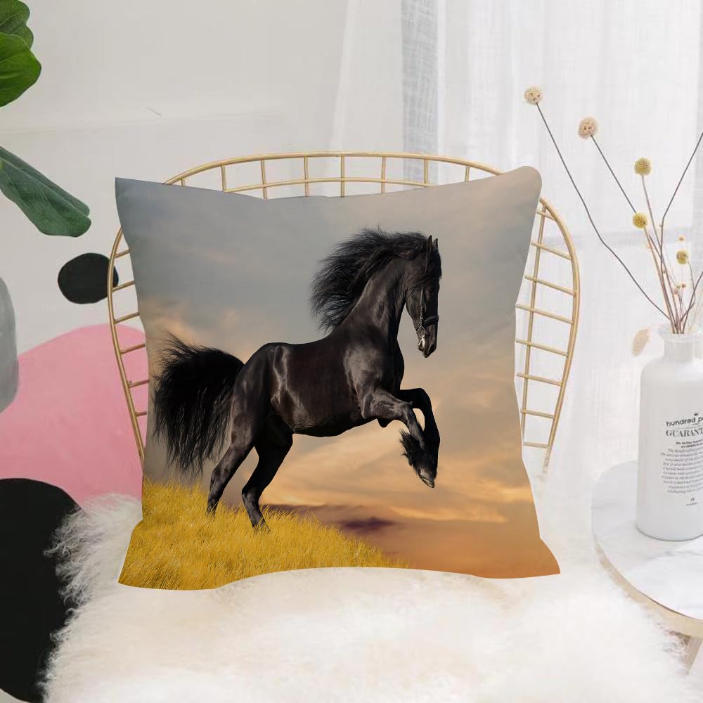 HYOSXW Cushion Cover,Throw Pillow Case Home Decorative for Living Room Bedroom Sofa Chair 16X16 Inch,Horse Decor, Western Wildlife Theme Friesian horse galloping idyllic sunset,Pillowcase 40X40cm
