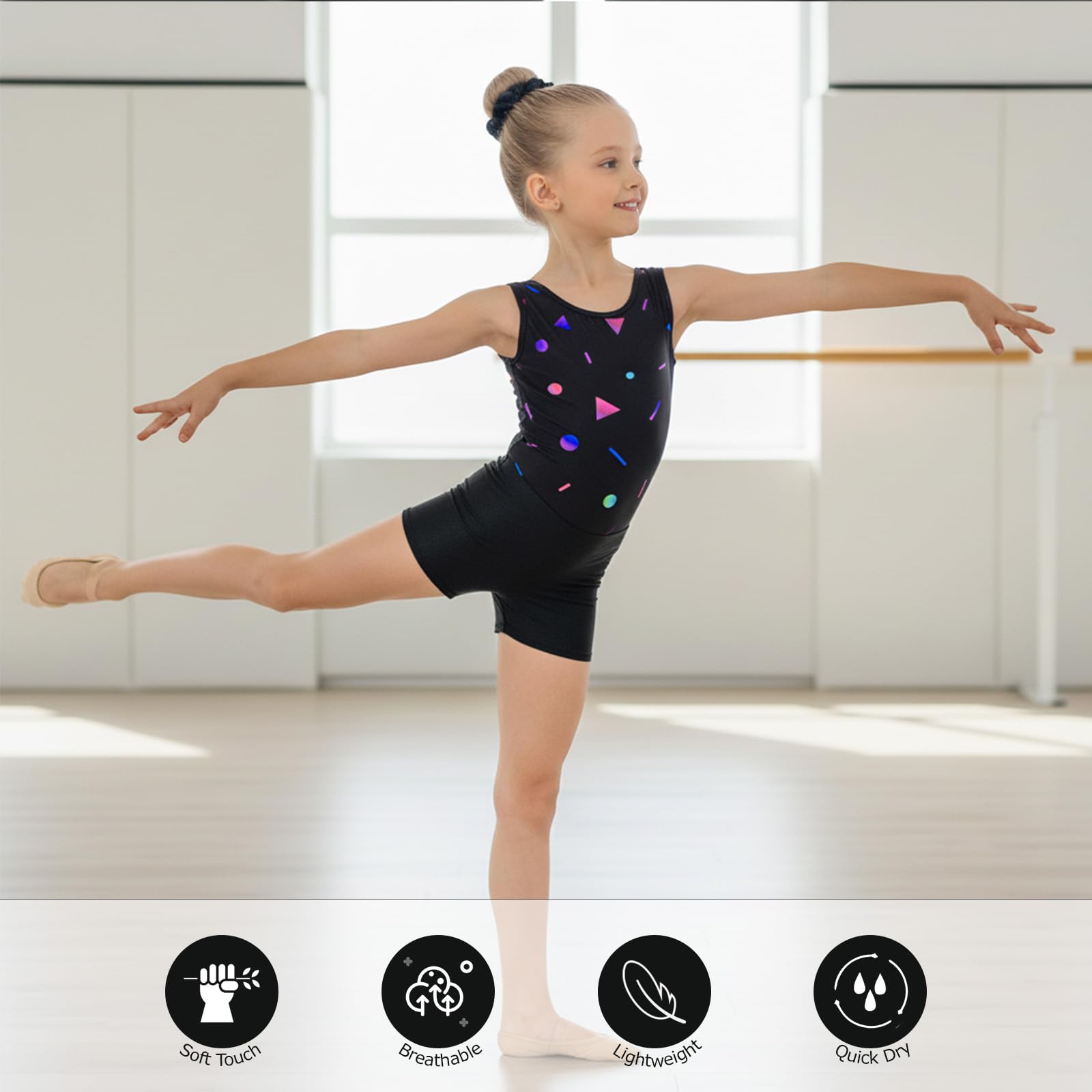 JiAmy Maillot Gimnasia Ritmica para Niña, Maillot Ballet Cuello redondo Disfraz Gimnasta Incluyendo Hairband Pantalones cortos 3-12 años
