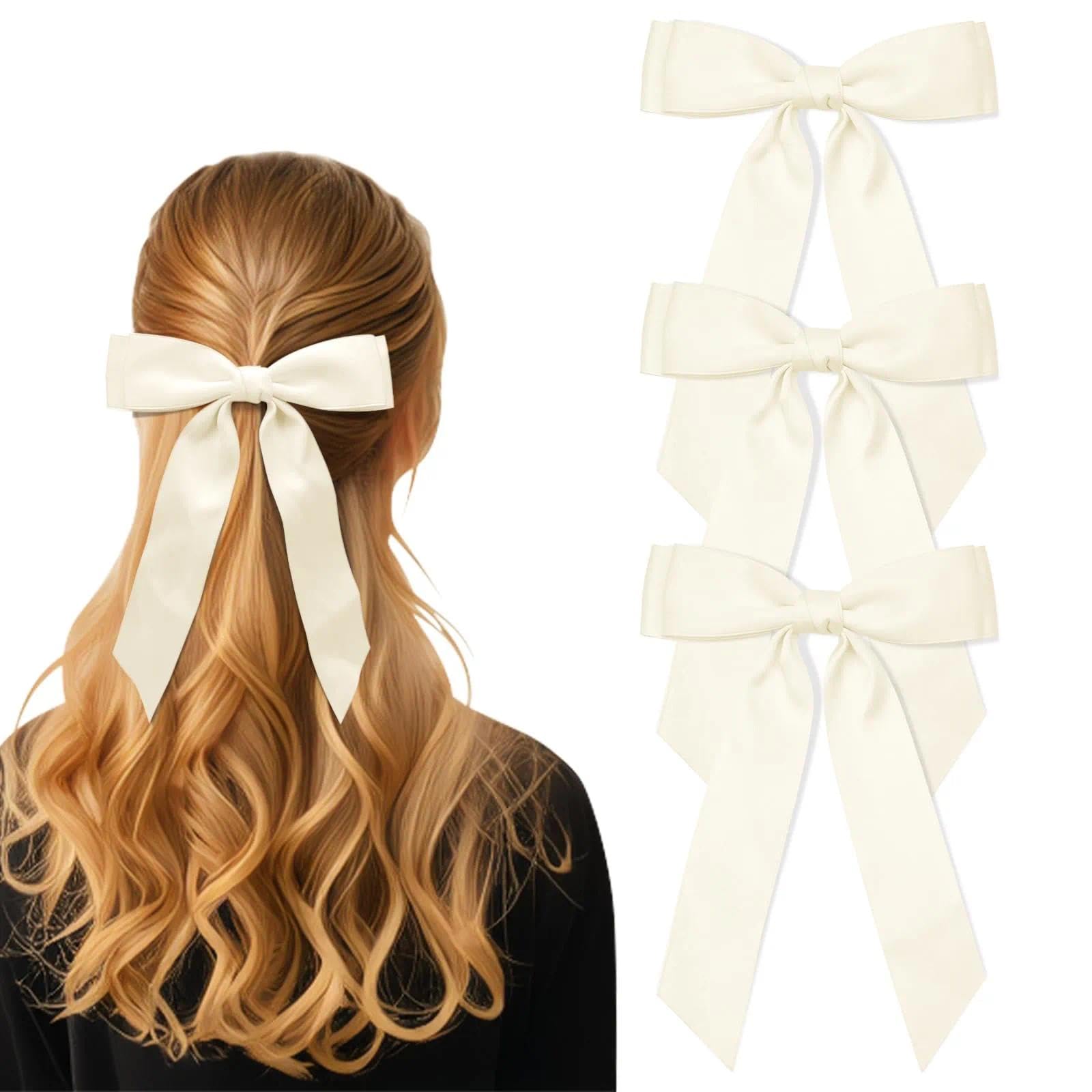 Hebterrka White Hair Bow Set, 3 Piece Large Double Layered Bow Hair Clip for Women Polyester Cotton, Elegant for Any Occasion